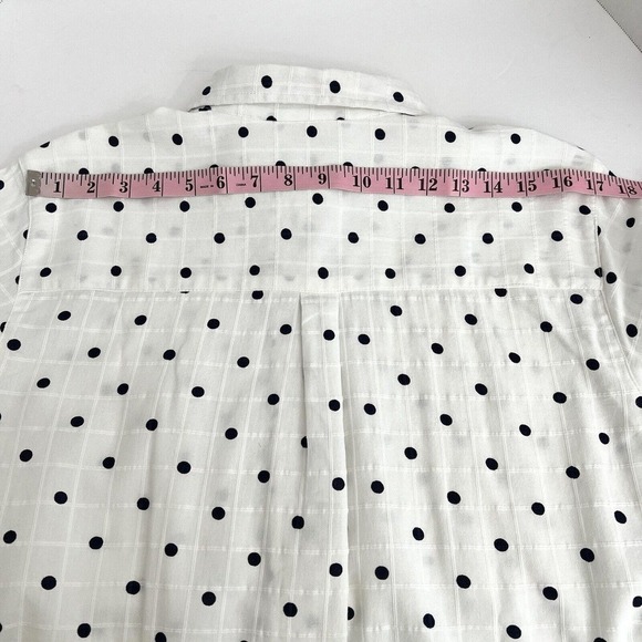 Erika Blouse Long Sleeve Collar Button White‎ Navy Polkadots Side Slits New - Picture 11 of 15